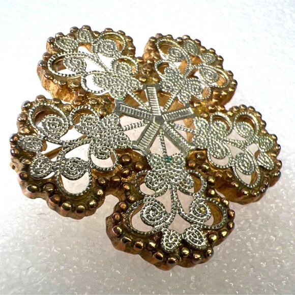 Vtg Mid-Century Filigree Snowflake Brooch Pin Silver-Tone and Brassy-Gold Marked - Picture 2 of 10